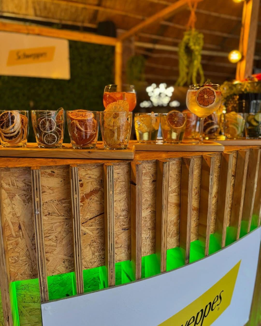Timber bar lined with glasses of dried citrus garnishes and a gin cocktail